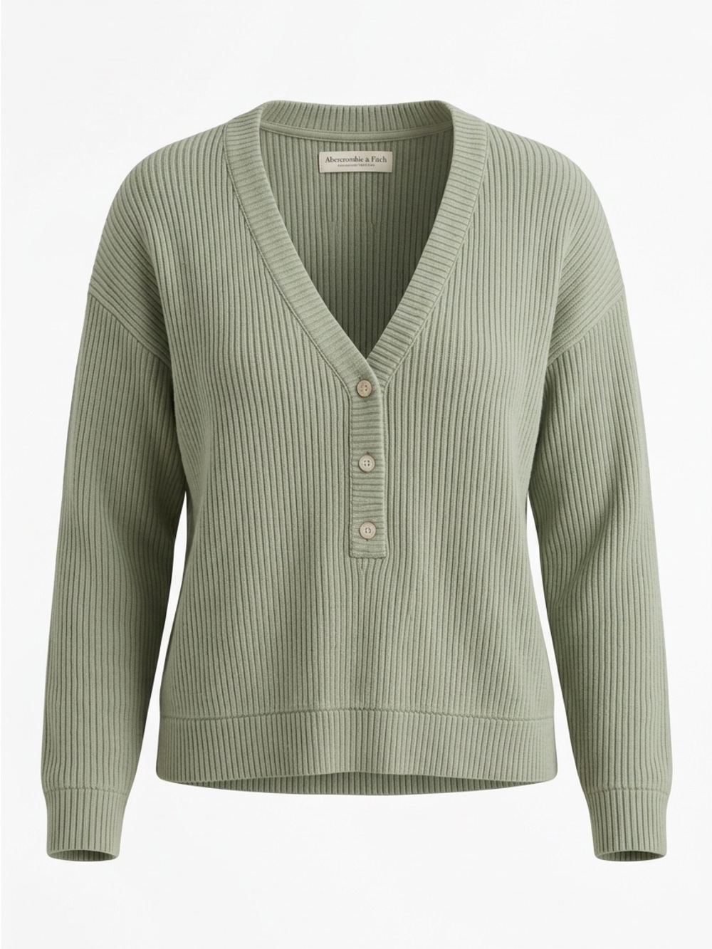 Abercrombie & Fitch Light Sage Ribbed V-Neck Henley Sweater